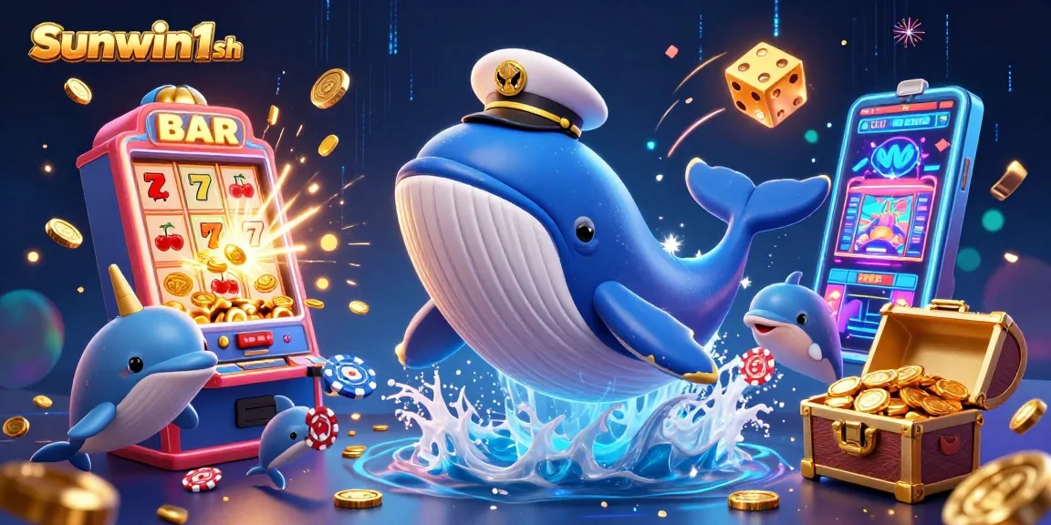 Engage with Sunwin1 sh's vibrant underwater casino adventure featuring a whale captain and playful dolphins.