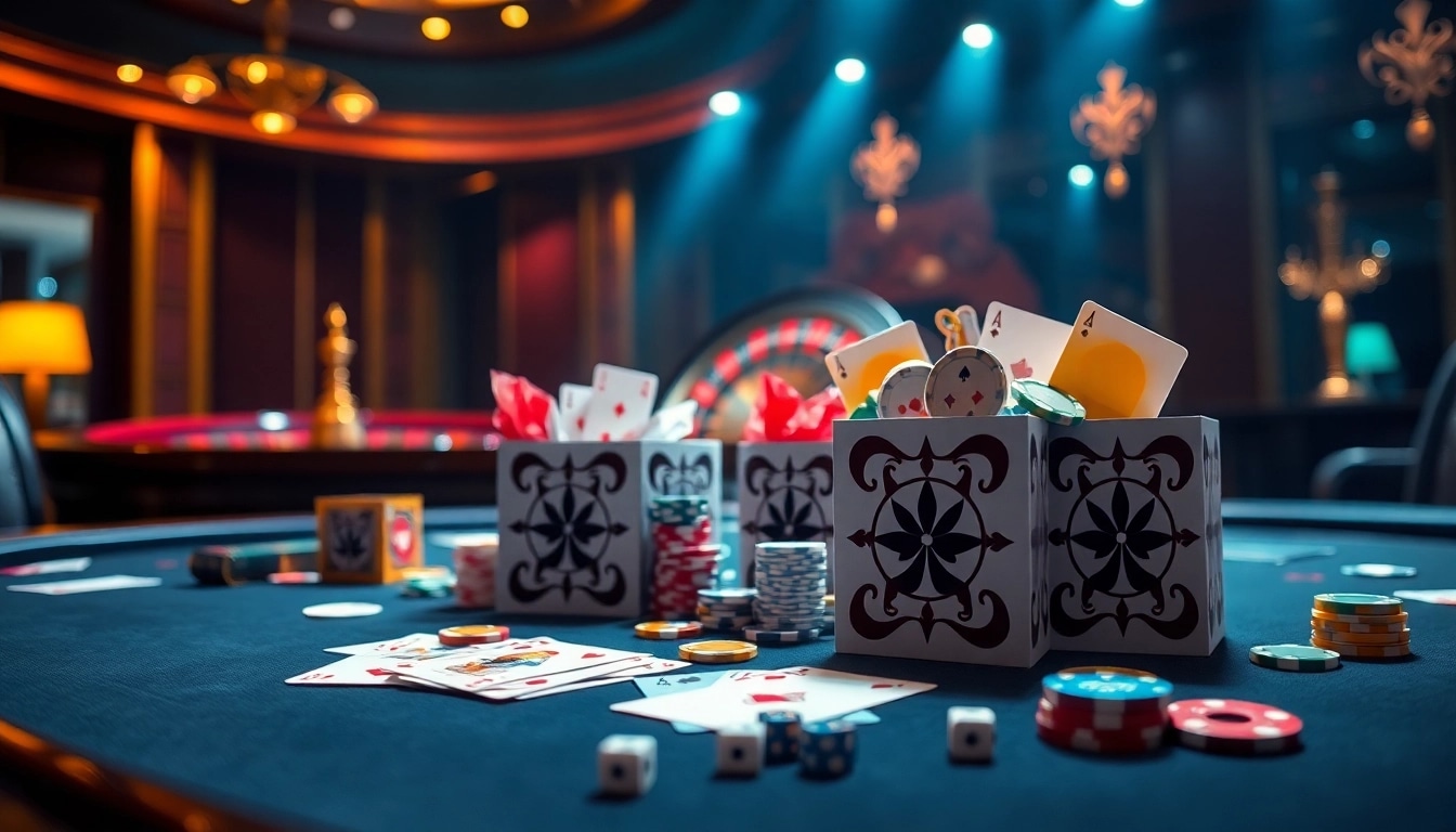 Maišeliai su logotipu filled with casino items on a poker table, creating an exciting gambling atmosphere.