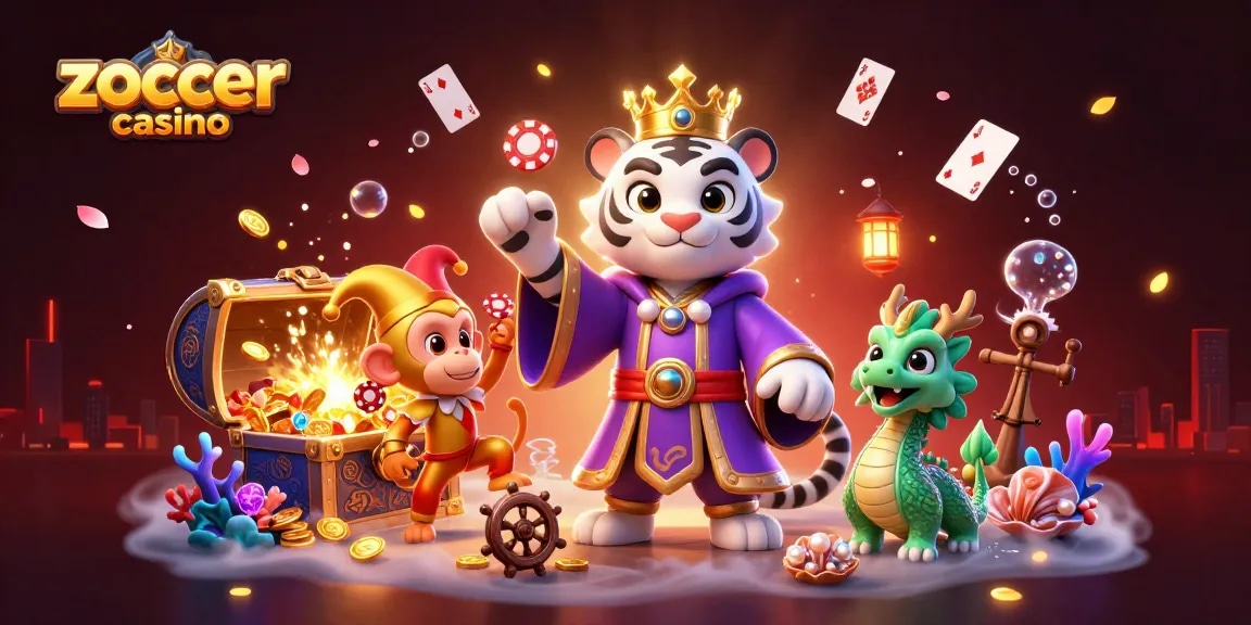Experience the excitement of zoccer casino with 3D characters, poker chips, and treasures in a vibrant scene.