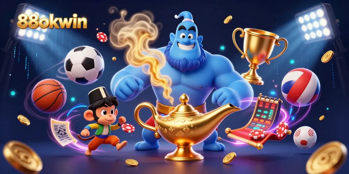 Enhance your gaming experience at 88okwin with a dynamic 3D illustration of a genie and sports elements.