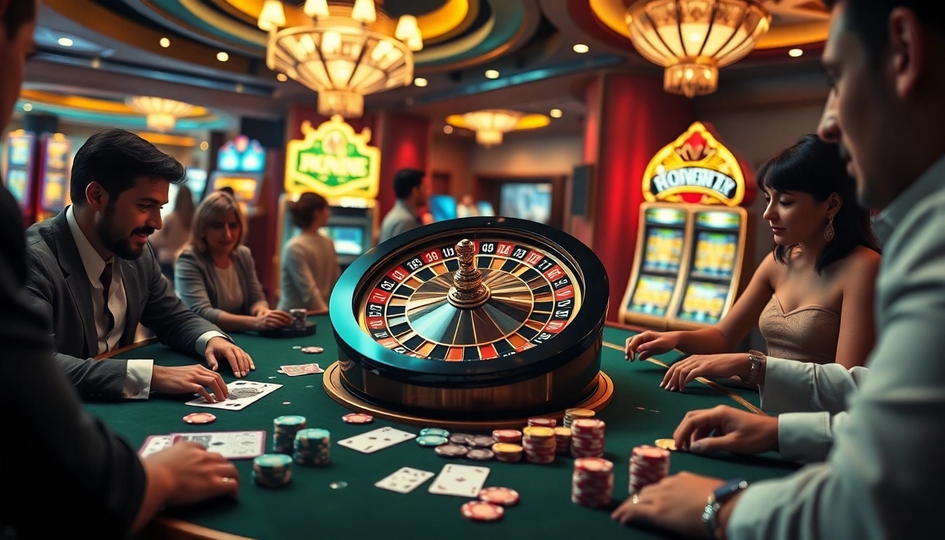 S8 casino excitement with a vibrant roulette wheel and lively players at a gambling table.