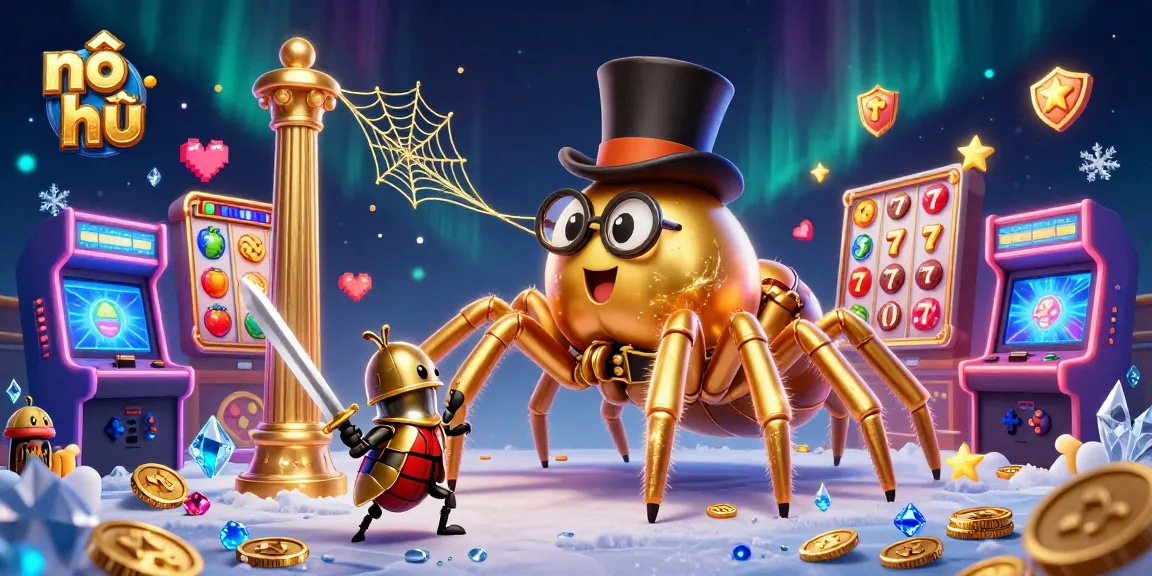 Experience exciting nổ hũ action with a golden tarantula and a beetle knight in a vibrant casino scene.