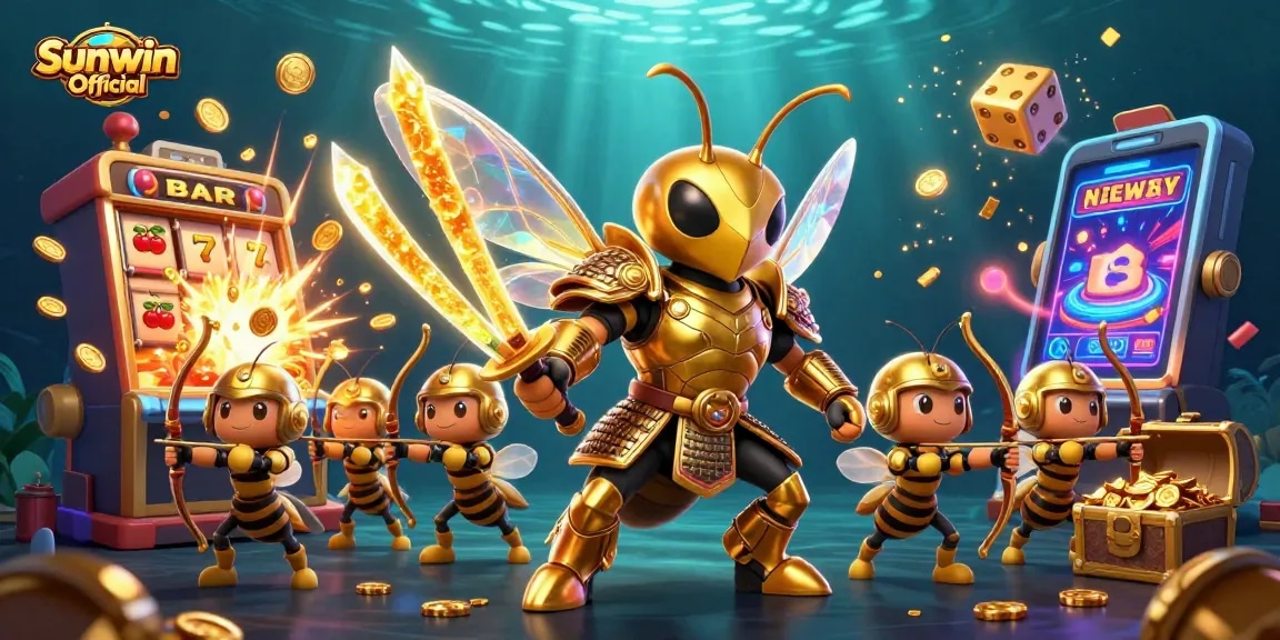 Engage in thrilling gameplay with Sunwin Official, featuring dynamic 3D illustrations of a vibrant casino scene.