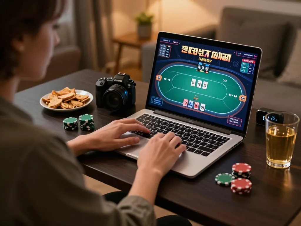 Engaged player at Trang Chủ O8 using laptop for online poker game, showcasing strategic gameplay.