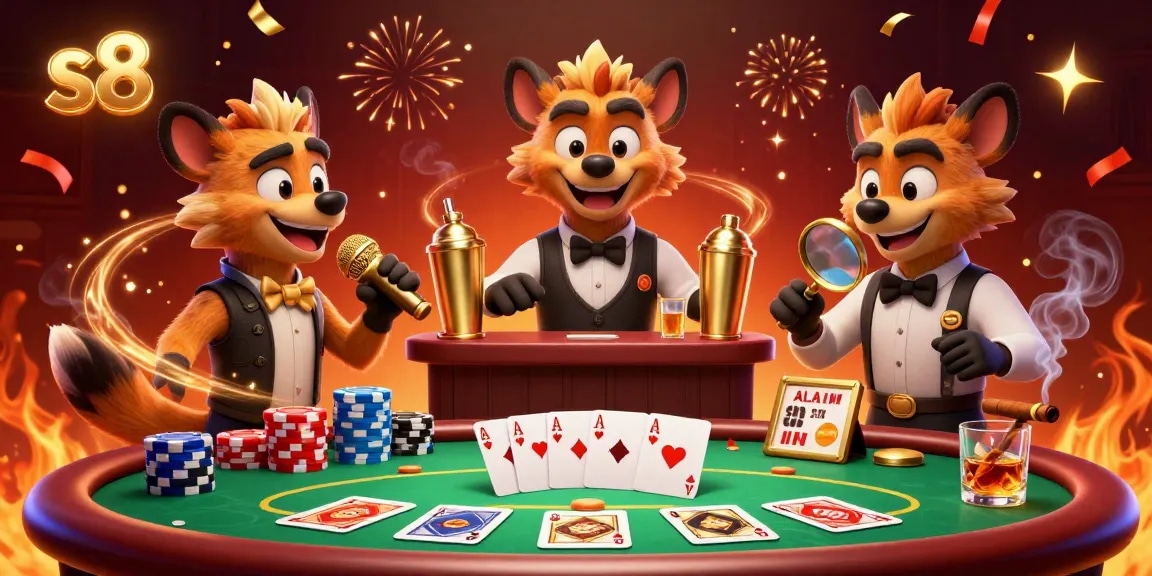 Experience fun at s8 casino with lively hyenas performing as bartender, comedian, and bouncer in a vibrant 3D scene.