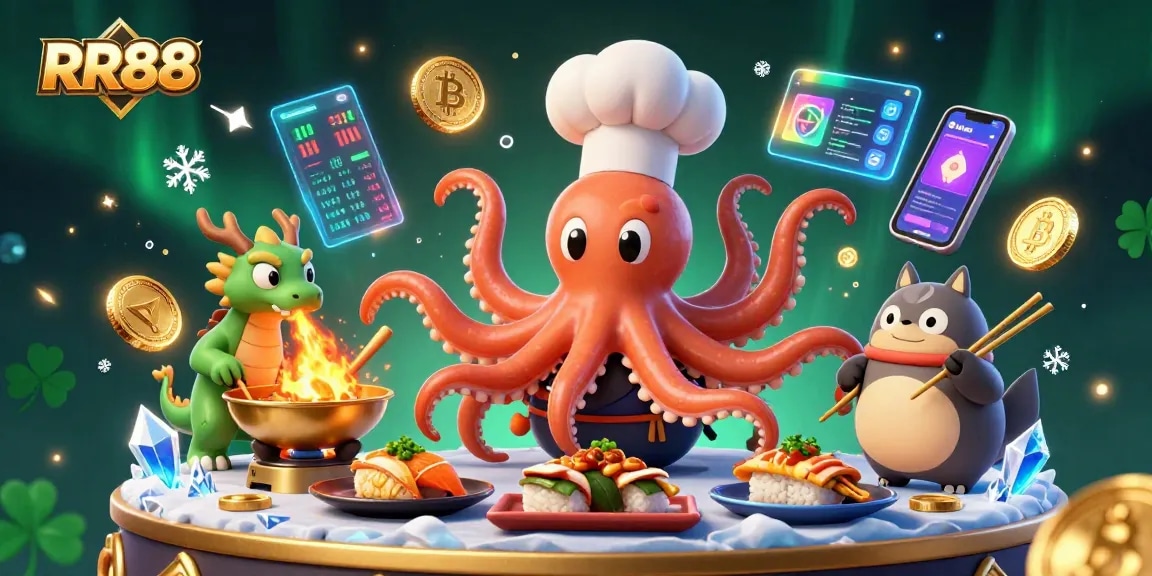 Engage in RR88's exciting casino scene with vibrant characters and dynamic crypto elements showcasing online gaming.