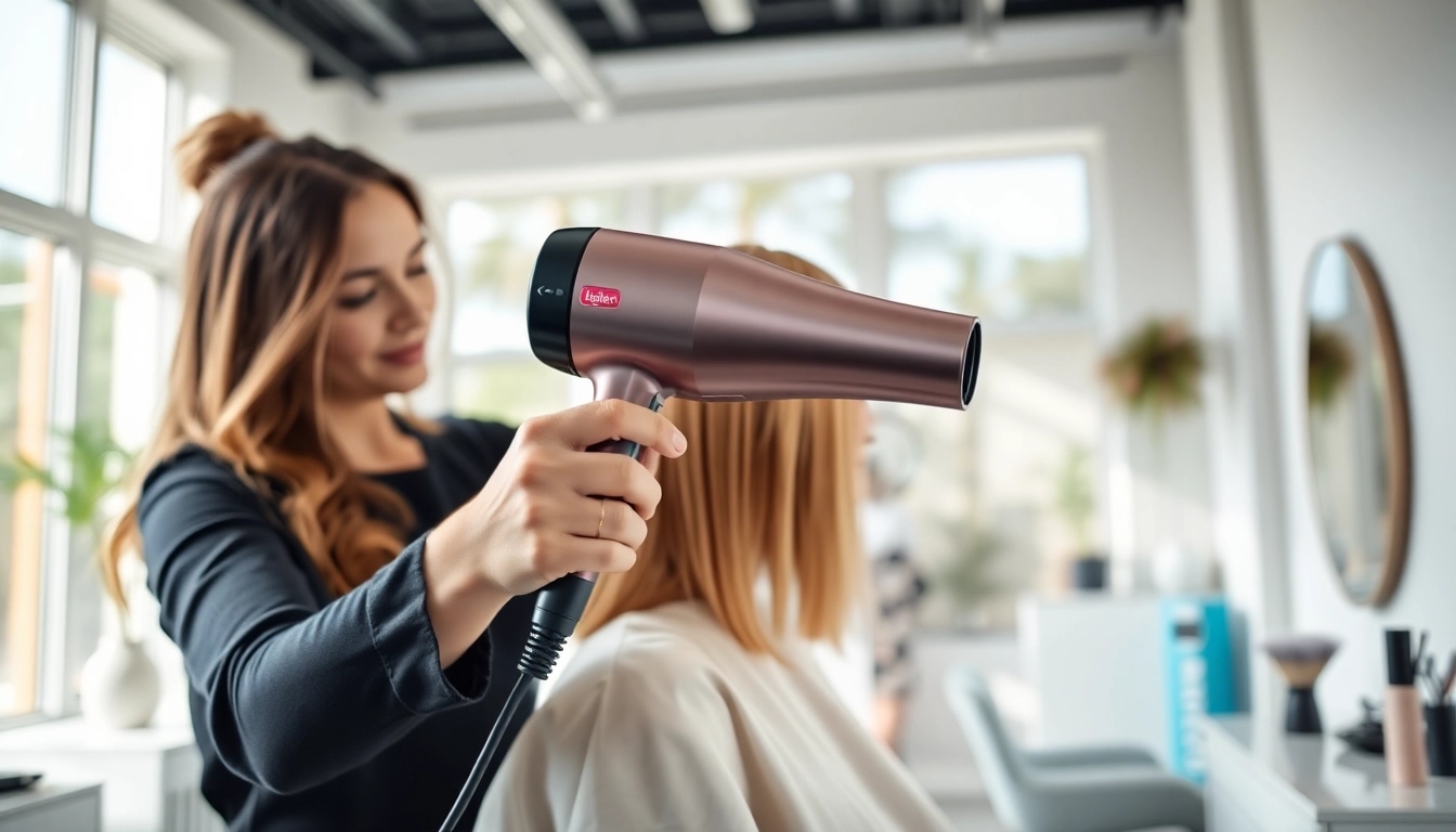 Verwenden des laifen föhn für perfekte Frisuren im modernen Friseursalon.