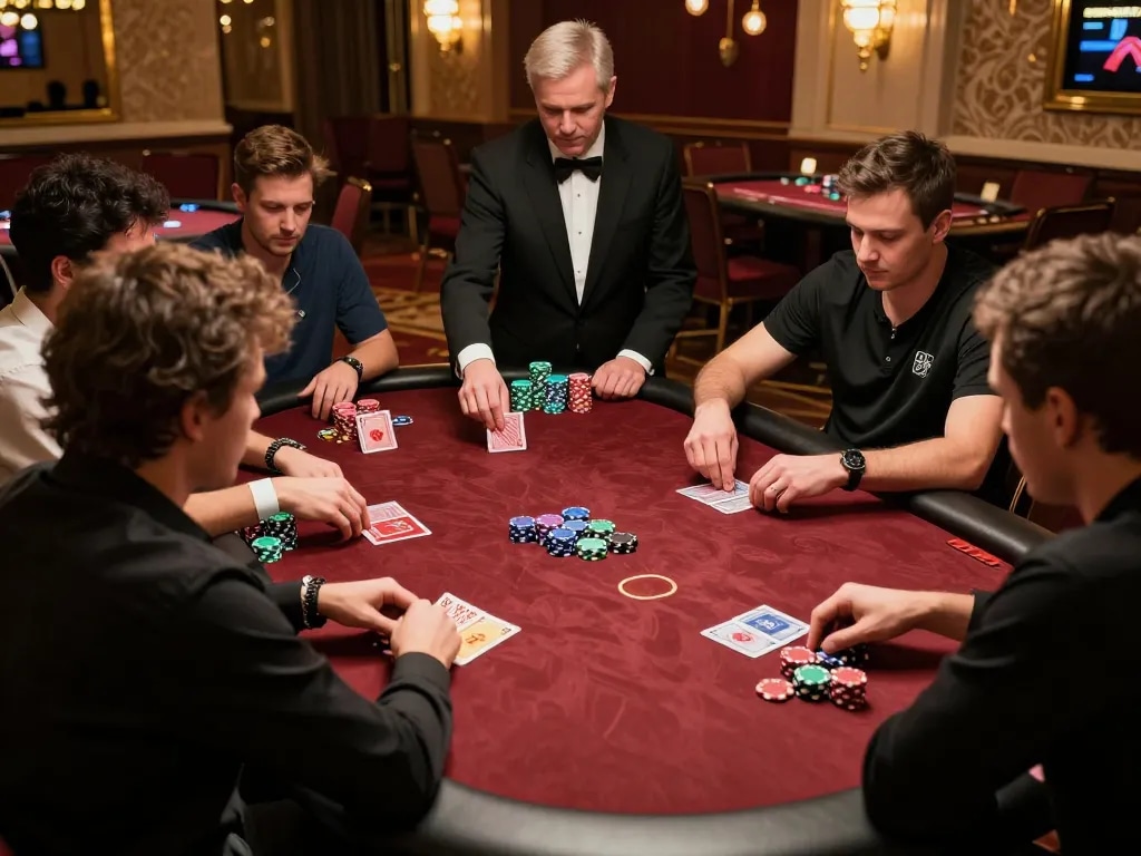 Players engaged in an intense poker game at 888new casino table, showcasing strategic bets and luxurious setting.