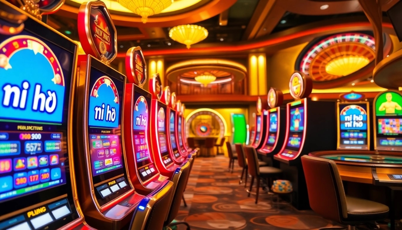 Experience thrilling nổ hũ gameplay amidst vibrant casino visuals and enticing slot machines.