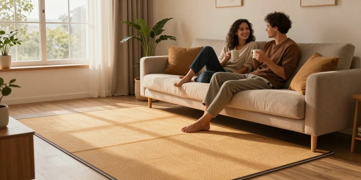 Warmup elektrische Fußbodenheizung sichtbar in einem gemütlichen Wohnzimmer, in dem ein Paar Wärme und Komfort genießt.