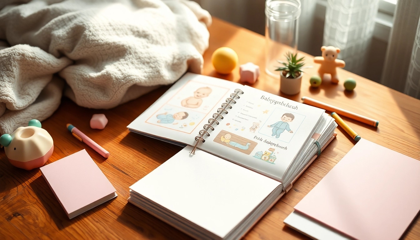 Das Babytagebuch offen mit bunten Illustrationen und Fotos, perfekt arrangiert auf einem Tisch.