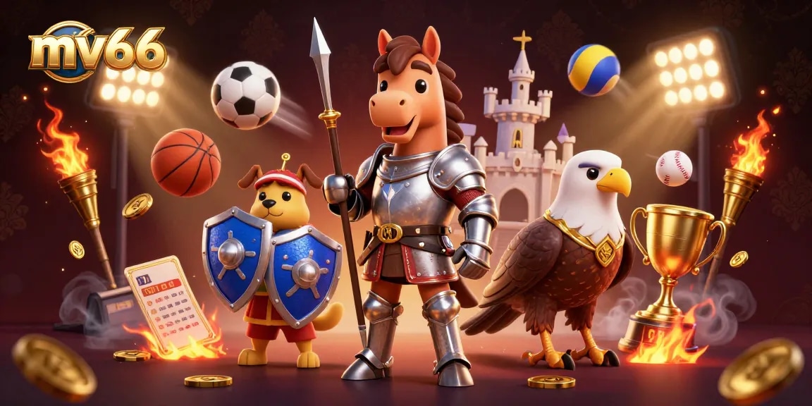 Experience thrilling play at mv66 with a knight, squire, and falcon amidst dynamic sports and gaming elements.