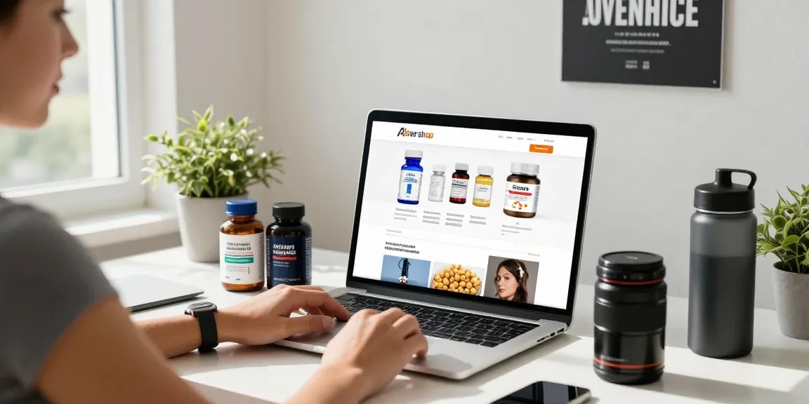 Aktiver Raum mit Laptop, Astera Shop Produkte und Fitnesszubehör.