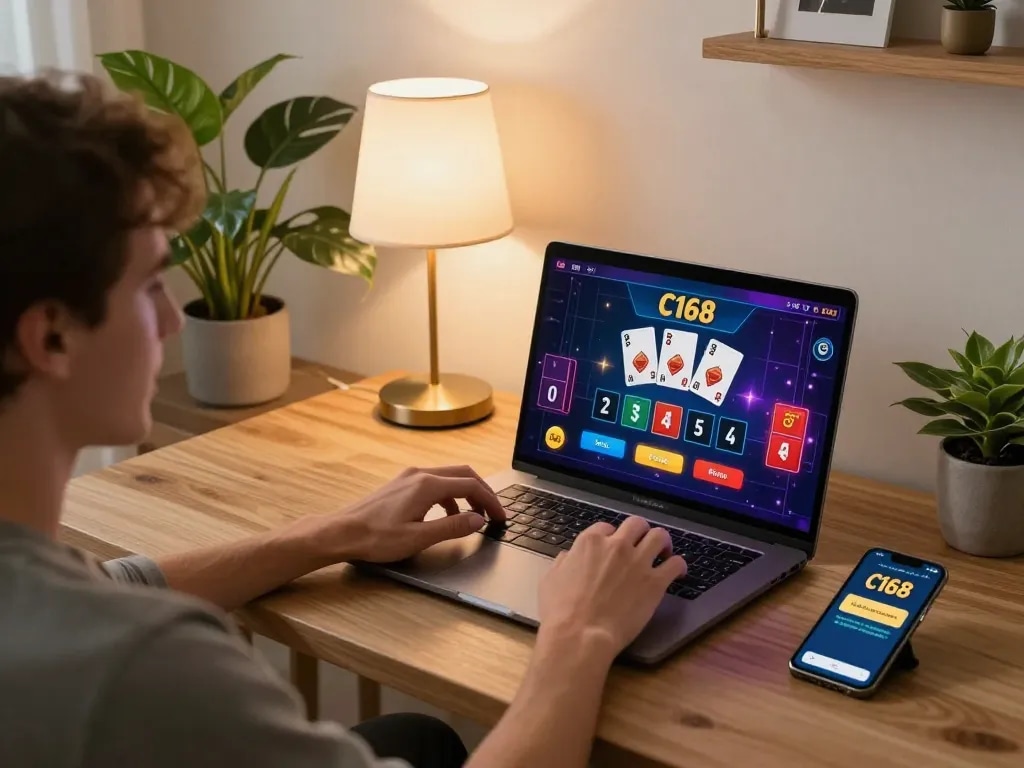 C168 player engaging with online casino games on a laptop, showing dynamic live dealer interface.