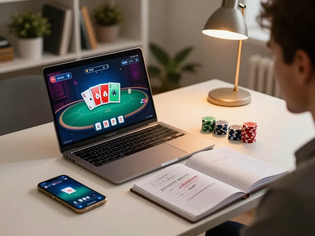 uu88 online poker session showing strategic gameplay and cozy home workspace