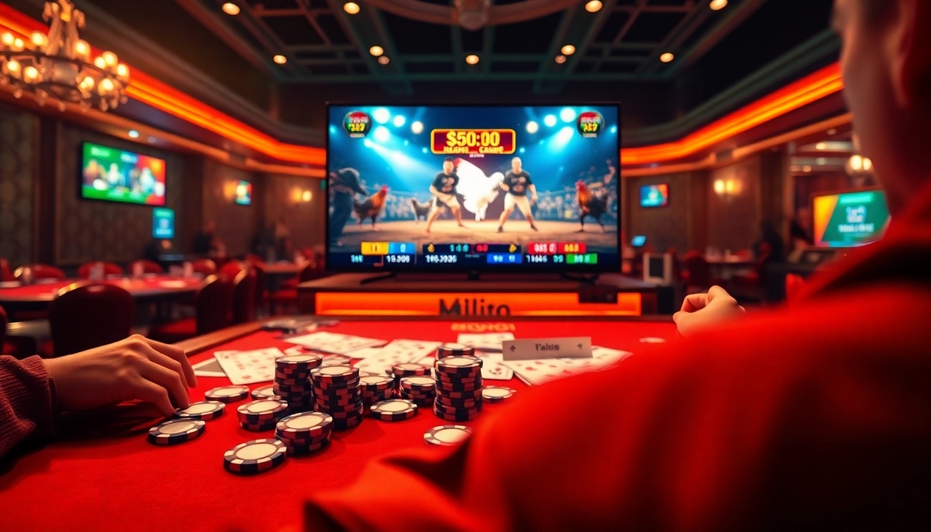 xem đá gà trực tiếp tại gavb79 - live chicken fighting betting scene with vibrant action and professional interface