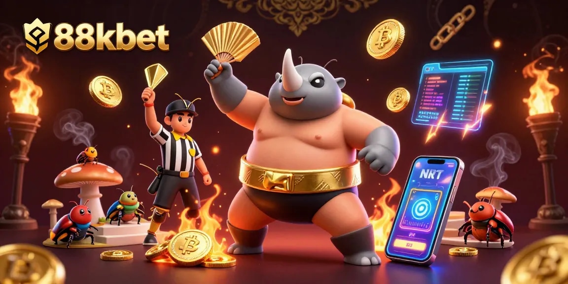 88kbet showcases a dynamic gaming scene with rhinoceros beetle champions, vibrant cryptocurrency coins, and exciting elements.
