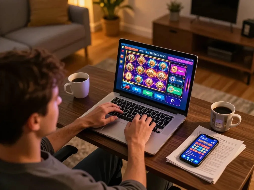 Engaging in online gaming through 789win link on laptop at home, showcasing immersive casino experience