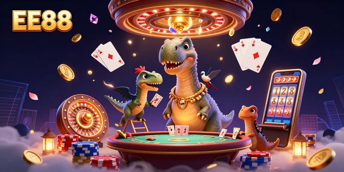 EE88 gaming experience with whimsical 3D characters in a vibrant casino environment