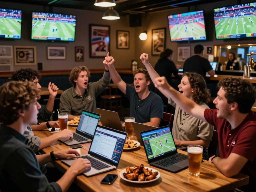 Group of friends enjoying debet sports betting experience in a lively bar