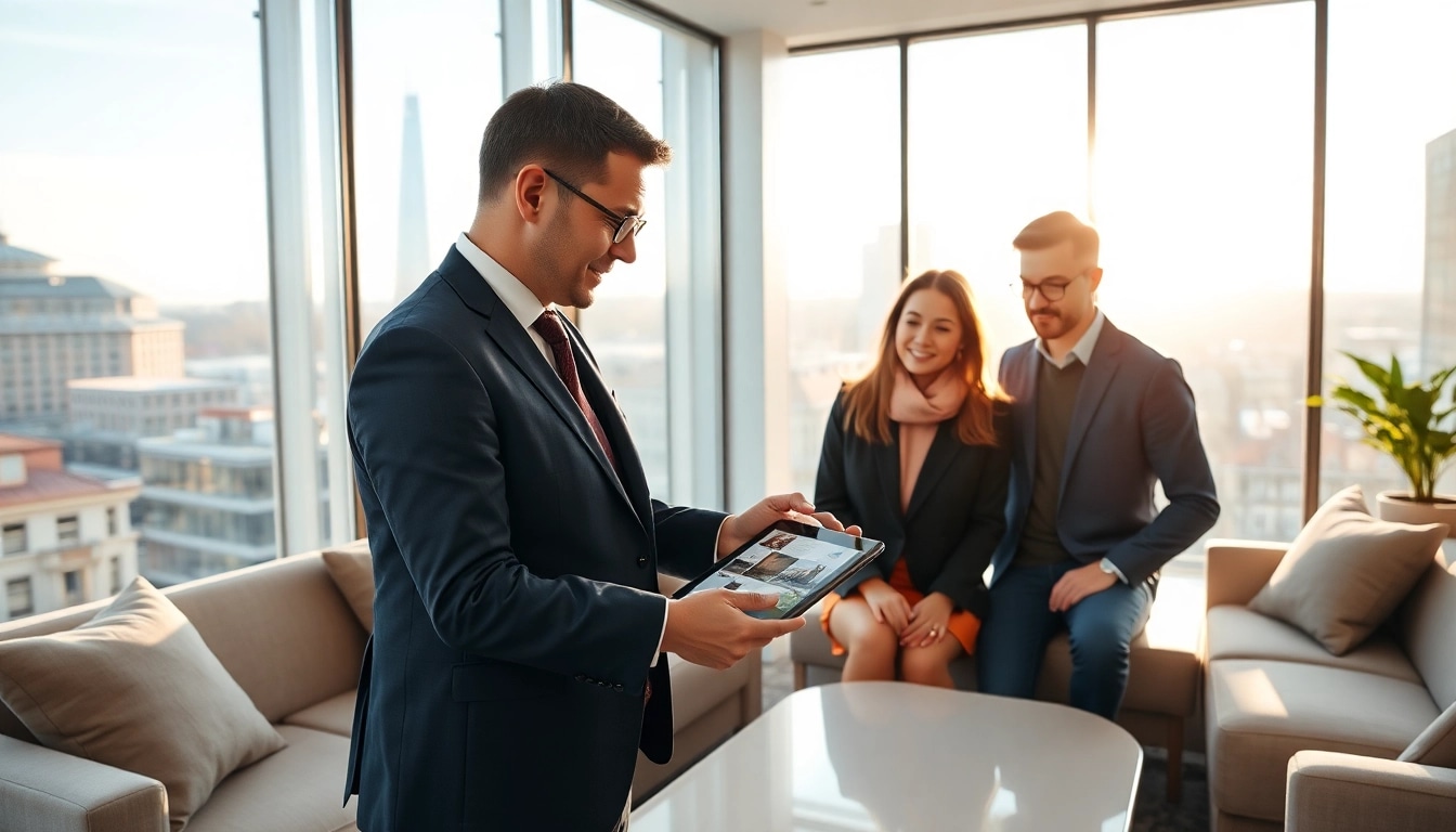 Immobilienmakler Frankfurt Dornbusch berät engagiert ein junges Paar in einem modernen Büro.