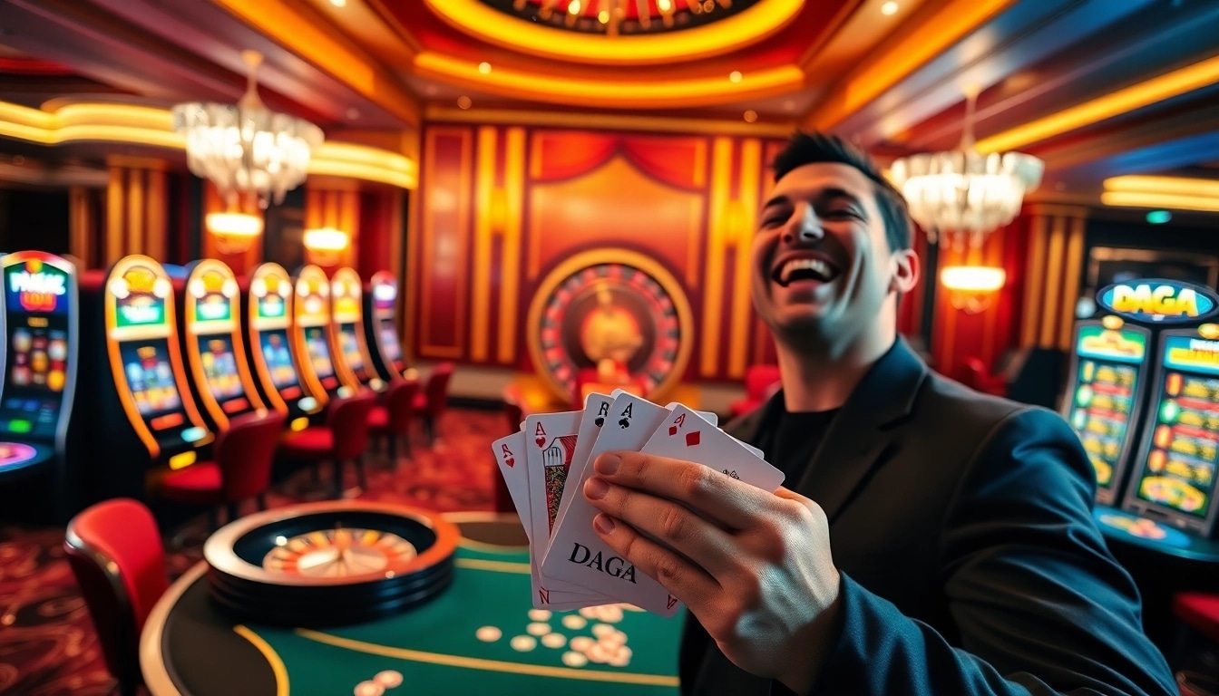 A lively casino scene showcasing a poker game win at DAGA, with vibrant slot machines and a roulette wheel.