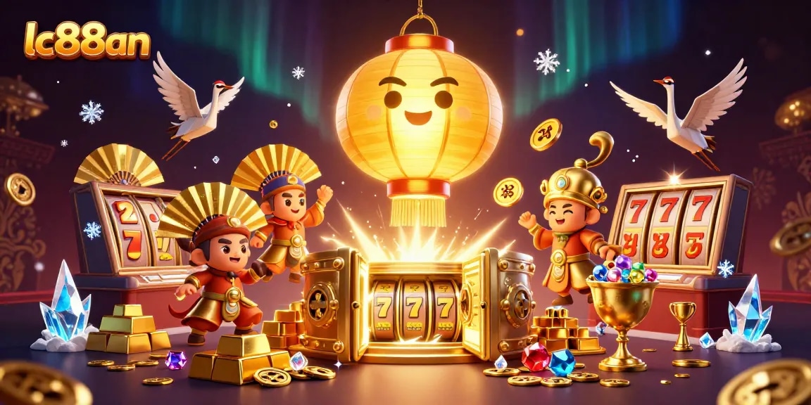 Engage with lc88an's vibrant casino scene featuring golden treasures and dynamic slot elements.