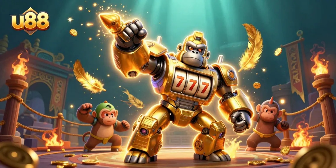 Experience the excitement of u88 casino with a golden mech and vibrant gambling elements.