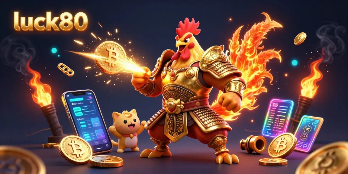 Experience thrilling crypto gaming at luck80 with a dynamic 3D illustration showcasing exciting characters and vibrant elements.