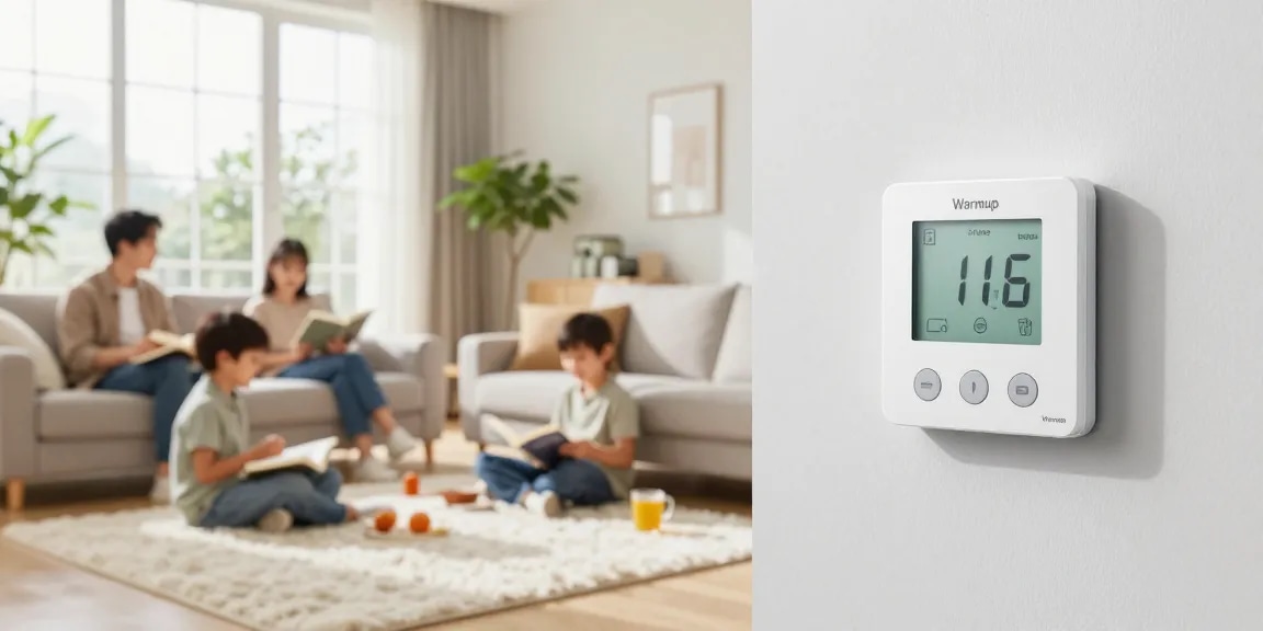 Warmup elektrisches Heizsystem in einem gemütlichen Wohnzimmer, das Komfort und Energieeffizienz zeigt.