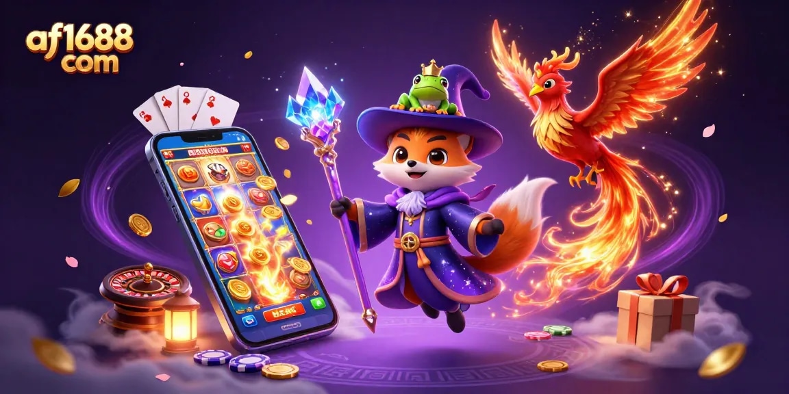 Engage with thrilling games at af1688 com, featuring a wizard and phoenix with dynamic casino elements.