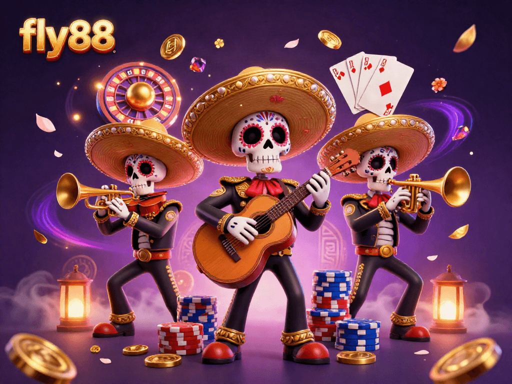 Experience winning moments with fly88 as vibrant skeleton mariachi celebrate with casino elements.