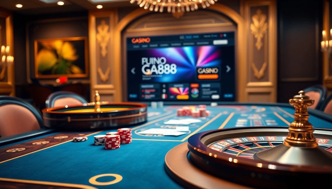 Experience thrilling online gambling at Ga888 with vibrant poker chips and casino tables.