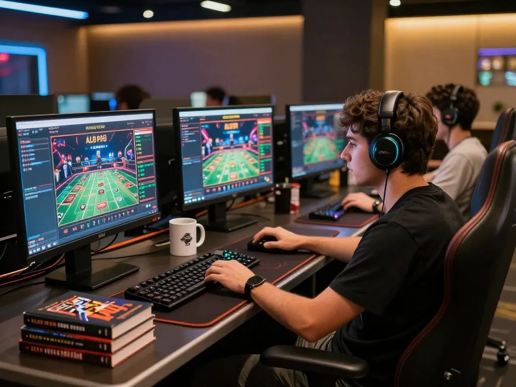 Player engaging with ALO8 PRO online casino using multiple screens, showcasing dynamic gaming experience.
