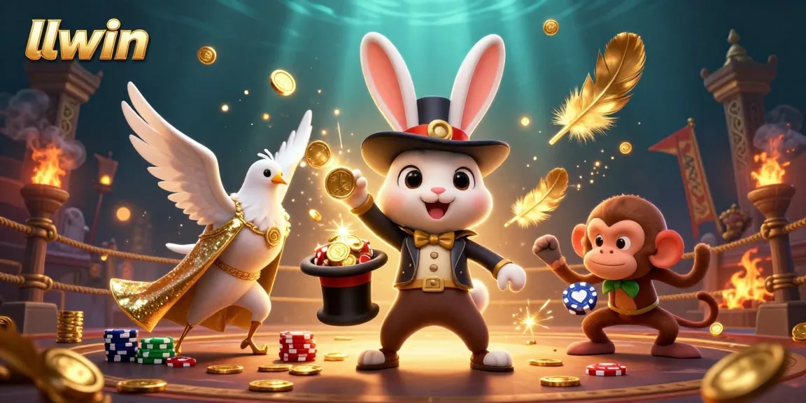 Experience llwin's thrilling magic with a captivating 3D illustration of a magician rabbit, dazzling dove, and playful monkey in a vibrant casino scene.