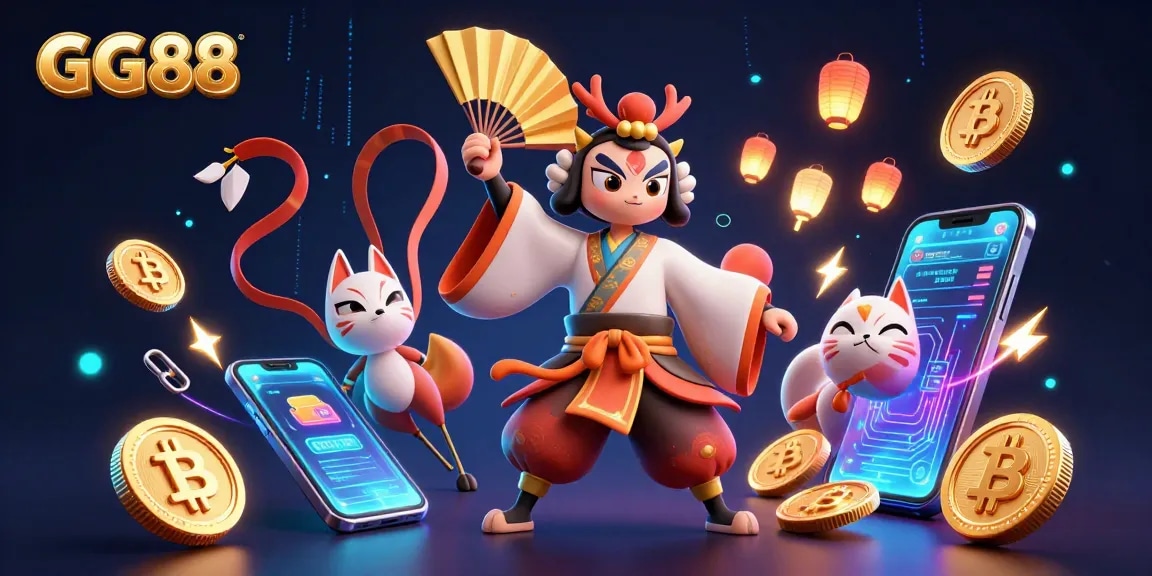 Experience the vibrant world of GG88 with dynamic characters and crypto elements in a colorful casino scene.