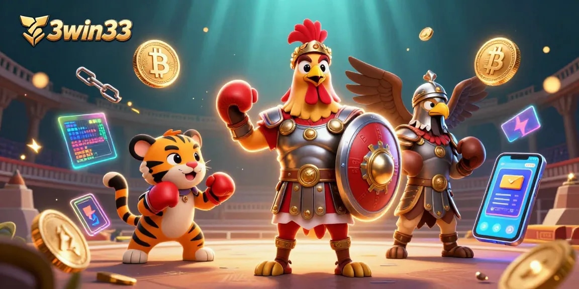 Engage in thrilling gambling with 33win33, featuring dynamic 3D characters in an impressive casino scene.