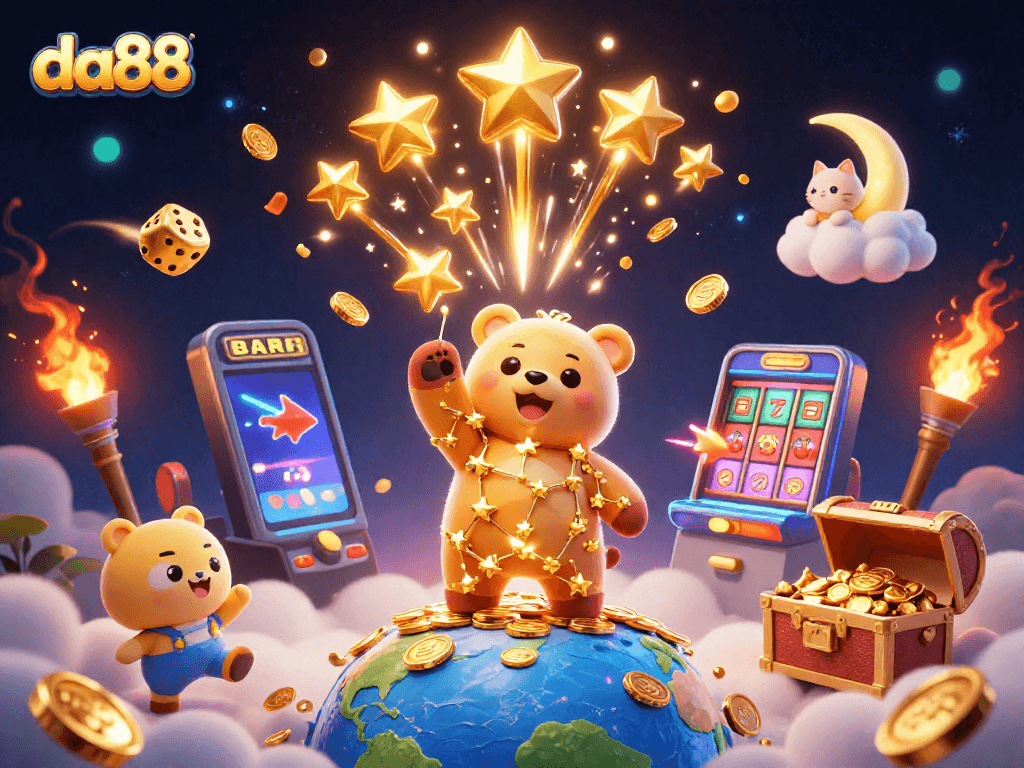 Experience thrilling wins at da88 with a dynamic 3D casino scene featuring gold coins and jackpot excitement.