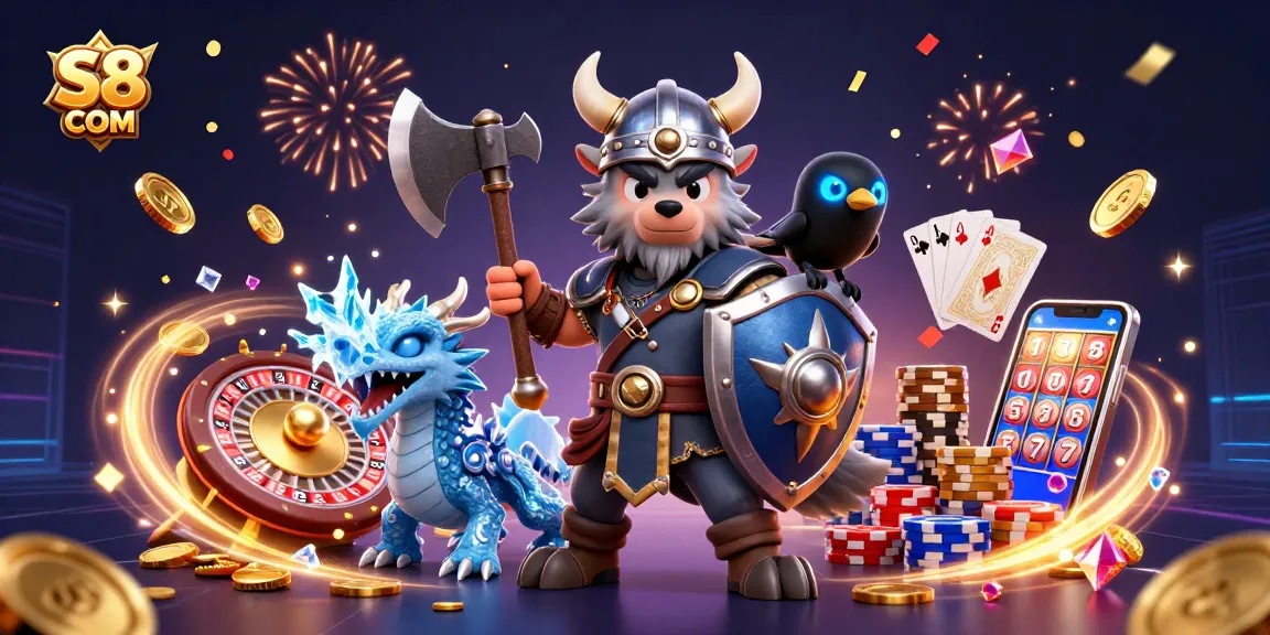 S8 COM game strategies come alive in a dynamic illustration showcasing winning opportunities with animated characters and casino elements.