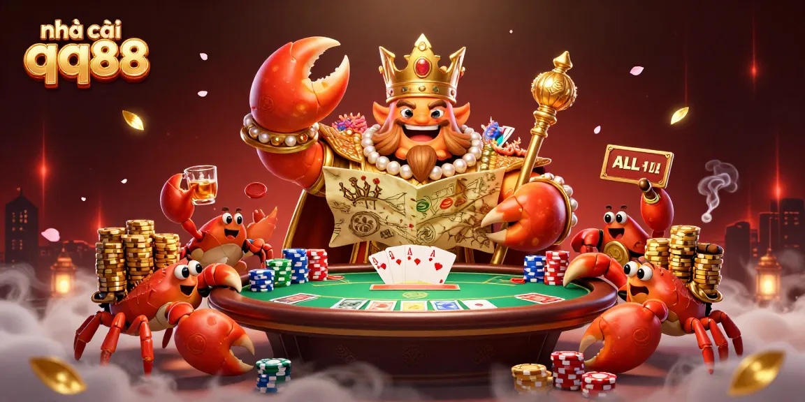 Engage with nhà cái qq88 while enjoying a vibrant poker scene featuring a golden crab emperor.
