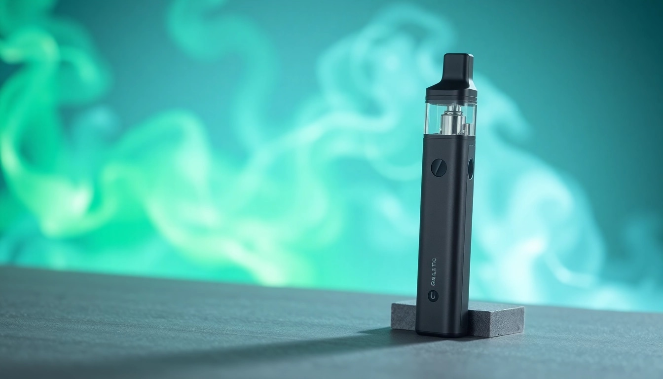 Showcase the sleek GEEK THC disposable vape device resting on a minimalist background with vapor clouds.