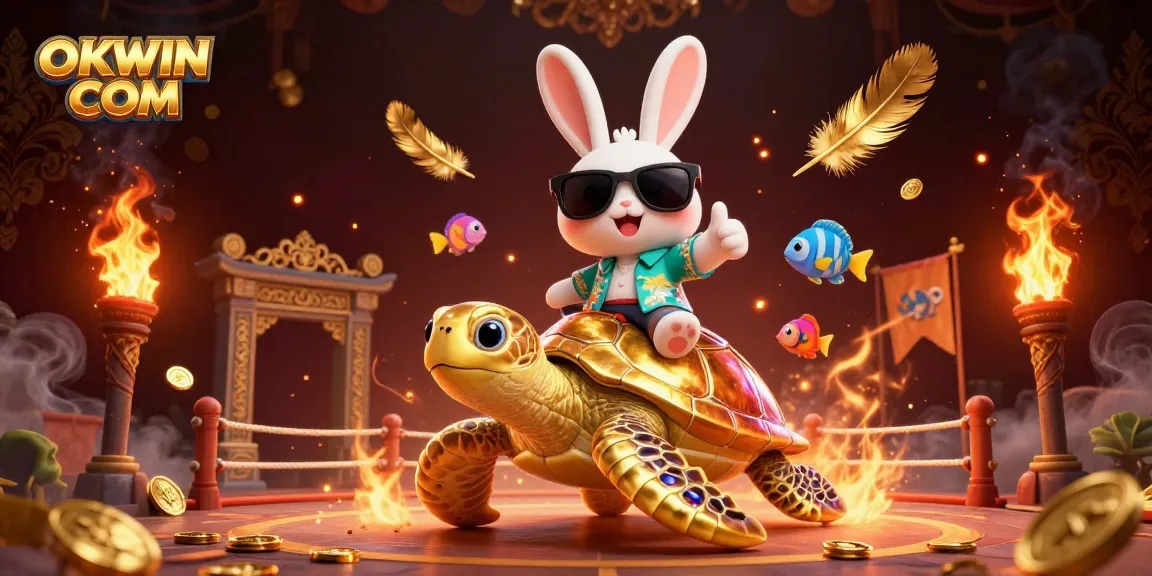 Enjoy thrilling experiences at OKWIN COM with a cartoon lucky rabbit and golden turtle among colorful casino elements.