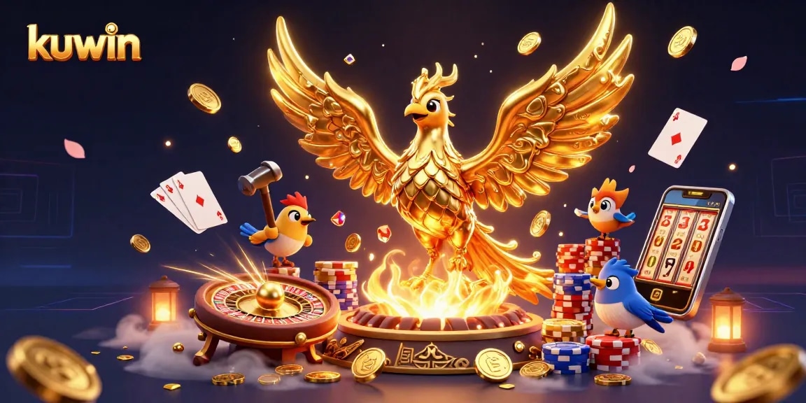 Kuwin showcases an ultra-detailed scene featuring a phoenix made of molten gold and vibrant casino elements.