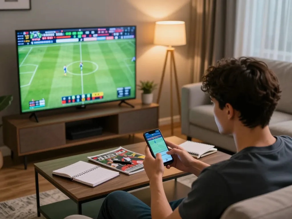 Betting on บ้านผลบอล7m through a smartphone while watching live soccer game.