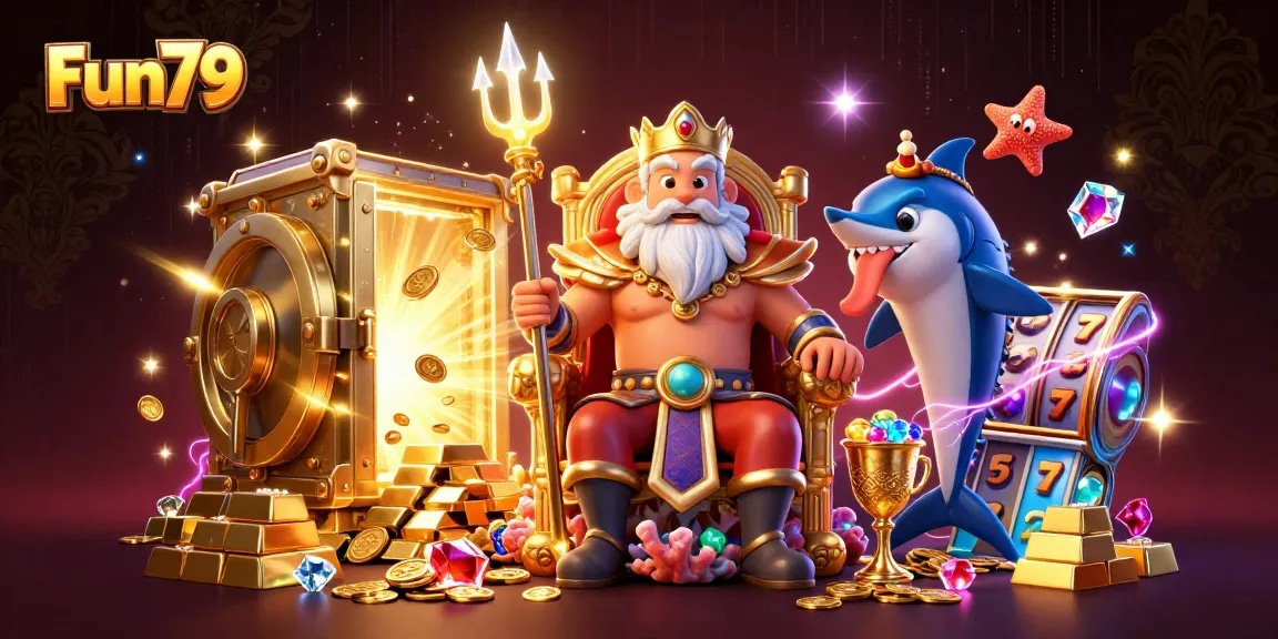 Experience the excitement of Fun79 with a dynamic 3D casino illustration featuring treasures and games.