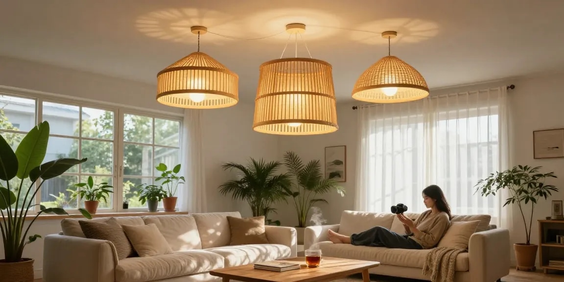 Stilvolle Deckenlampen aus Bambus, die ein gemütliches Wohnzimmer mit natürlichem Licht erhellen.