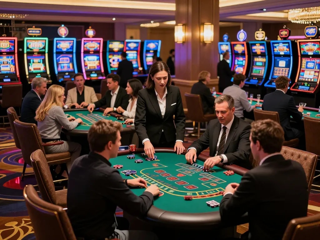 O8 SOCIAL players engaged at blackjack tables in a vibrant casino atmosphere.