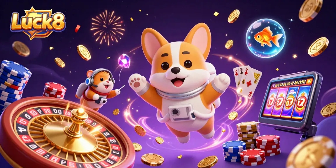 Experience Luck8 excitement with a 3D astronaut corgi and casino scene full of vibrant games and colorful elements.