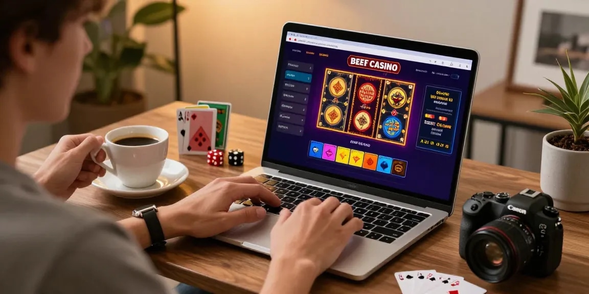 Beef Casino Spieler genießt das Online-Gaming auf einem Laptop in einem modernen Zuhause.