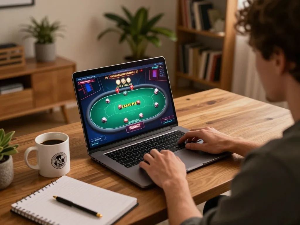Hitclub player enjoying immersive online poker gaming session with strategic notes and cozy atmosphere.